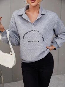 SHEIN Unity Slogan Graphic Argyle Textured Drop Shoulder Sweatshirt - Grey - View 1