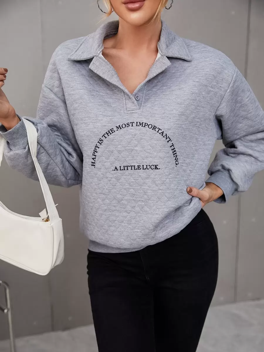 SHEIN Unity Slogan Graphic Argyle Textured Drop Shoulder Sweatshirt - Grey - View 1