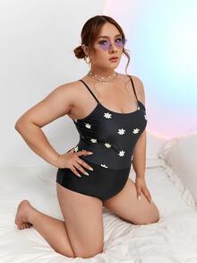 Plus Contrast Floral Print One-Piece Swimsuit, For Summer Beach Vacation - Black - View 4