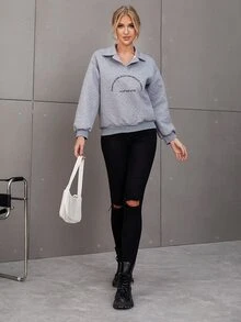 SHEIN Unity Slogan Graphic Argyle Textured Drop Shoulder Sweatshirt - Grey - View 4