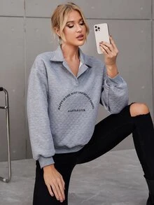 SHEIN Unity Slogan Graphic Argyle Textured Drop Shoulder Sweatshirt - Grey - View 5