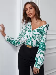 Floral Print Curved Hem Blouse - Multicolor - View 1