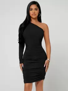 SHEIN SXY 單肩褶邊緊身洋裝 - 黑色 - 查看 4