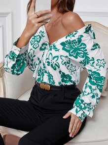 Floral Print Curved Hem Blouse - Multicolor - View 6