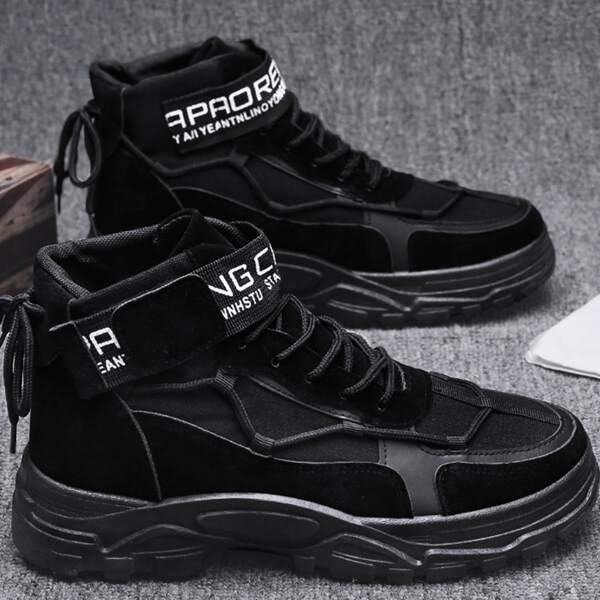 

Men Letter Graphic Lace Up Front Boots, Black