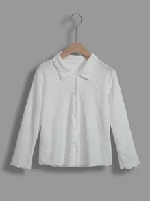 Girls Textured Lettuce Trim Blouse - White - View 1