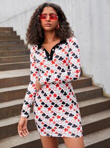 SHEIN Playing Card & Star Print Bodycon Dress - Multicolor - View 1