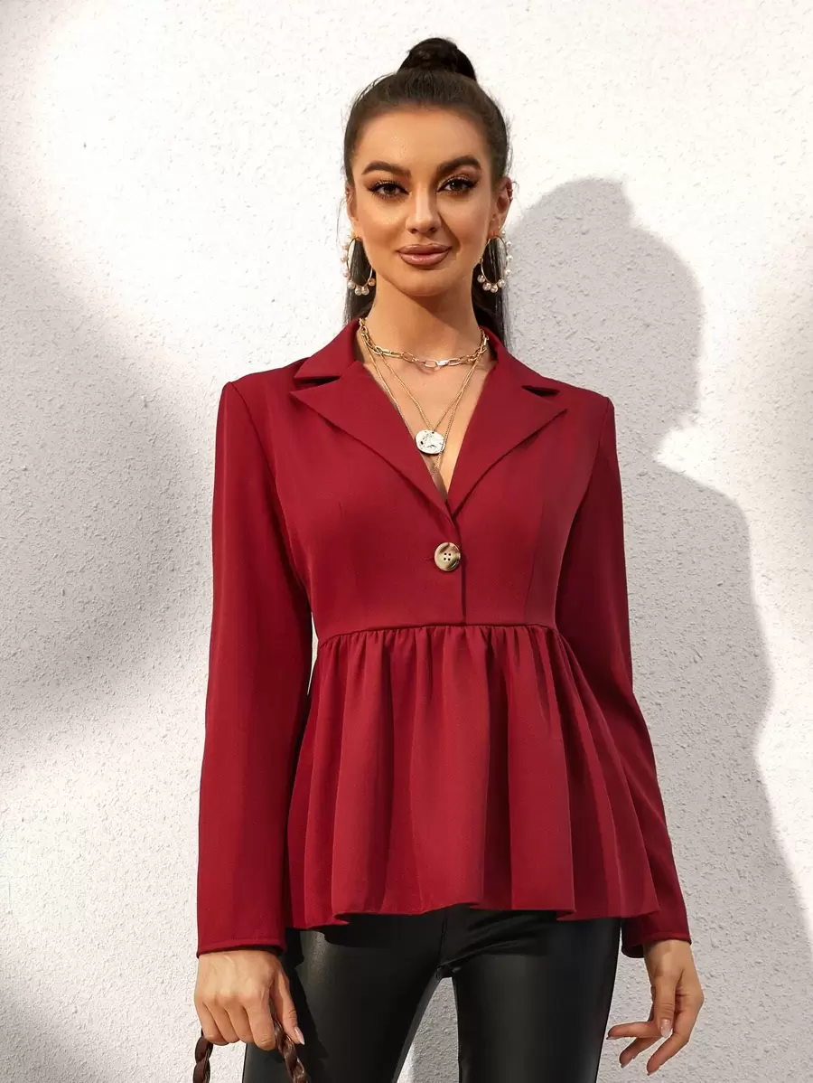 Modelyn 勃艮第红色翻领荷叶边衬衫 - 酒紅色 - 查看 1