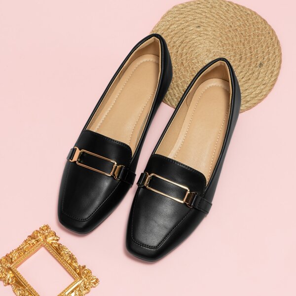 

Solid Metal Decor Square Toe Flat Loafers, Black
