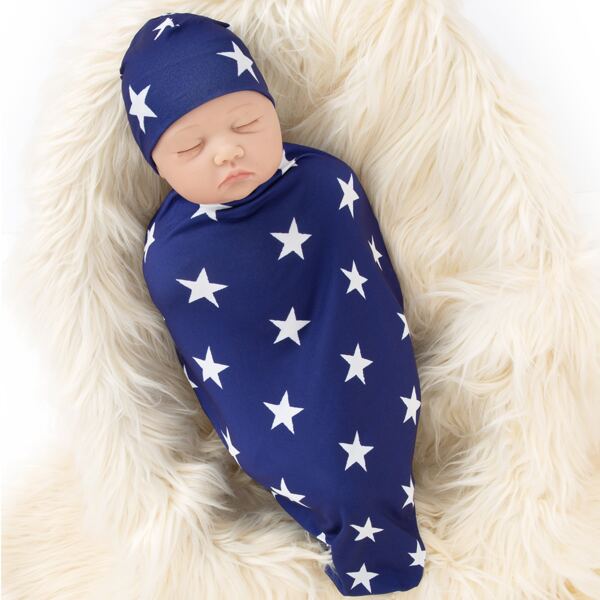 

Newborn Star Print Wrap Blanket & Hat, Navy blue