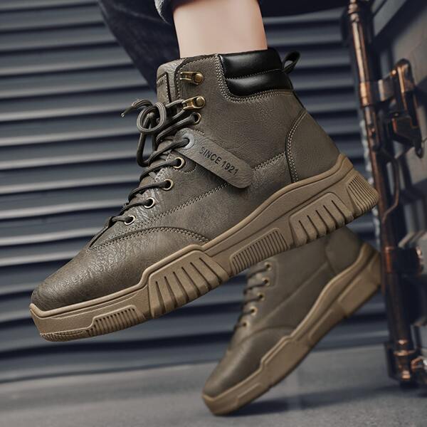 

Men Letter Tape Decor Lace Up Front Combat Boots, Brown