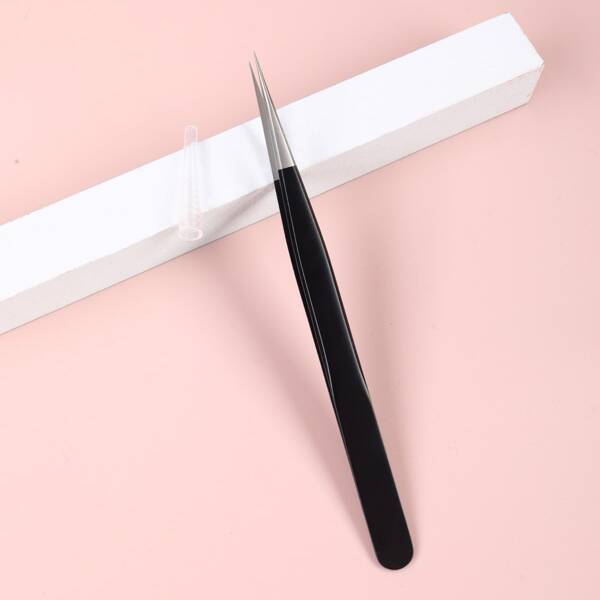 

1pc Stainless Steel Eyelash Tweezers, Black