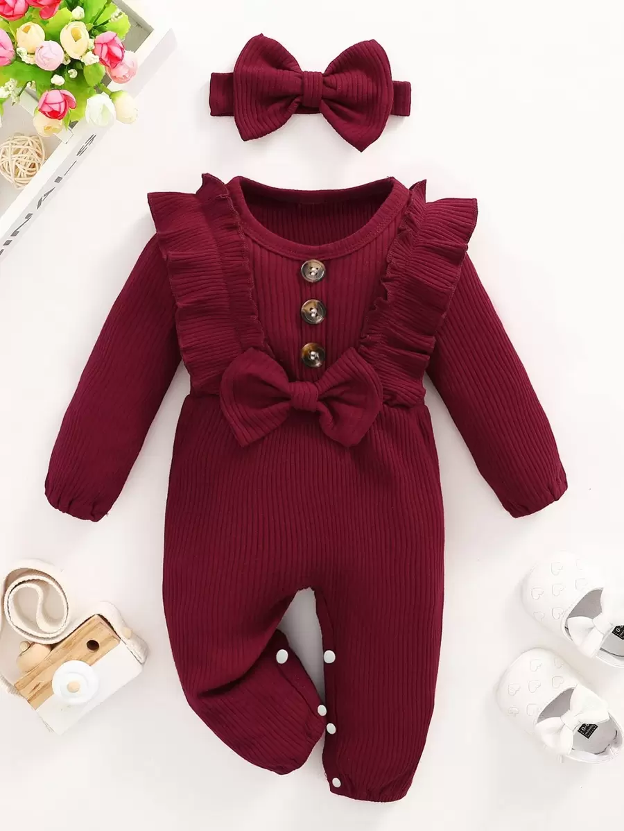 SHEIN Baby Girl Ruffle Trim Fake Button Bow Jumpsuit & Headband - Maroon - View 1