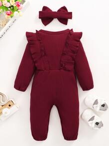 SHEIN Baby Girl Ruffle Trim Fake Button Bow Jumpsuit & Headband - Maroon - View 2