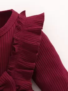 SHEIN Baby Girl Ruffle Trim Fake Button Bow Jumpsuit & Headband - Maroon - View 3