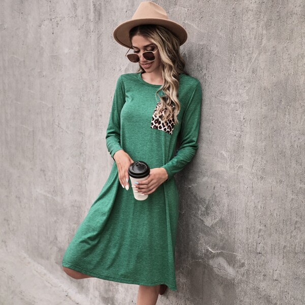 

Leopard Panel Pocket Patched Dress, Green