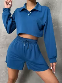落肩T恤和腰部抽繩運動短褲套裝 - 藍色 - 查看 1