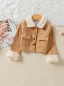 Einzelreihige Cordjacke Für Kleine Mädchen Mit Borg-kragen, Gefüttert Und Mit Klappentaschen