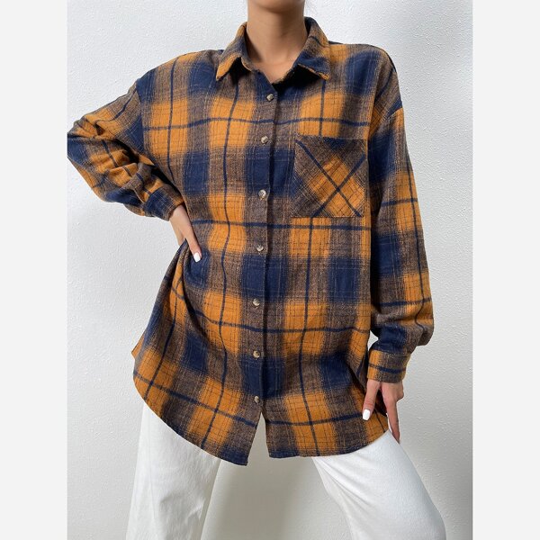 

Tartan Patched Pocket Drop Shoulder Blouse, Multicolor