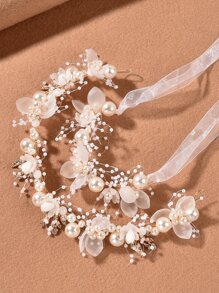2件套仿珍珠花朵装饰新娘发饰情人节配饰 - 白色 - 查看 2