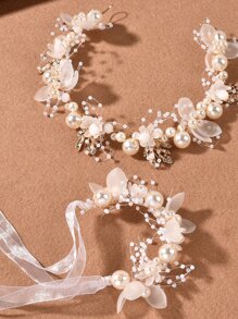 2件套仿珍珠花朵装饰新娘发饰情人节配饰 - 白色 - 查看 4