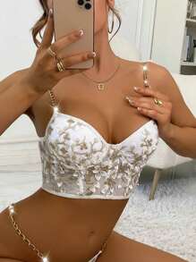 Floral Embroidery Mesh Chain Linked Underwire Bra - White - View 1