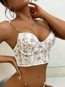 Floral Embroidery Mesh Chain Linked Underwire Bra - White - View 3