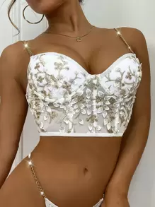 Floral Embroidery Mesh Chain Linked Underwire Bra - White - View 4
