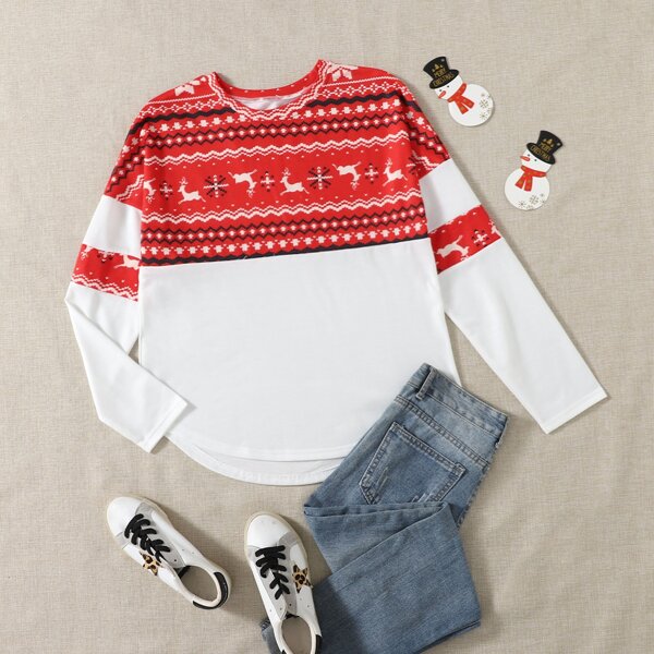 

Christmas Elk & Geo Print High Low Tee, Red and white