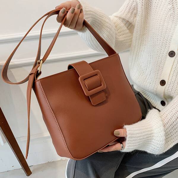 

Stitch Detail Buckle Decor Square Bag, Chocolate brown
