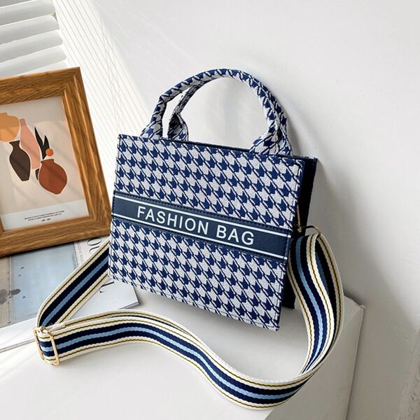

Letter Graphic Houndstooth Pattern Square Bag, Blue and white