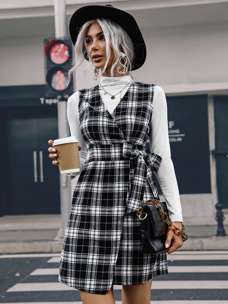 Tartan Print Sleeveless Tie Front Wrap Dress Without Tee - Black and White - View 1