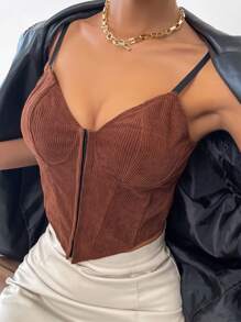 Zip Up Asymmetrical Hem Cami Top - Brown - View 2