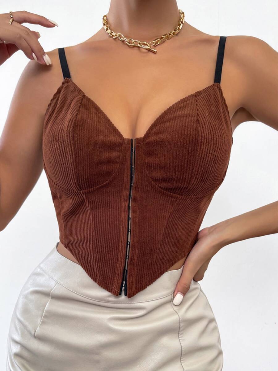 Zip Up Asymmetrical Hem Cami Top - Brown - View 1