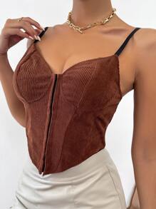 Zip Up Asymmetrical Hem Cami Top - Brown - View 4