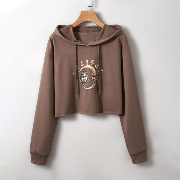 

Sun & Moon Print Drop Shoulder Drawstring Crop Hoodie, Mocha brown