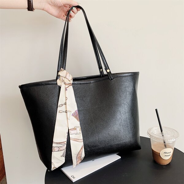 

Scarf Decor Shoulder Tote Bag, Black