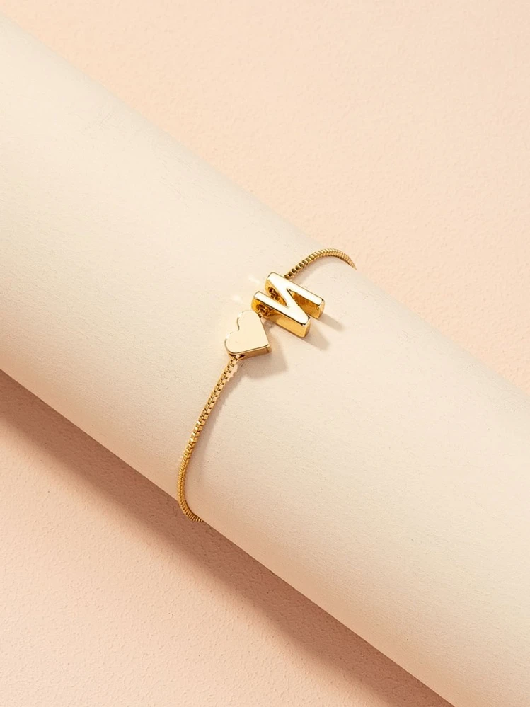 1 pieza pulsera de decoración de corazón y letras, joyería de cobre - Amarillo Oro - Añade 3