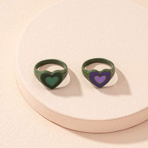 

2pcs Heart Decor Ring, Multicolor