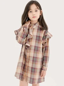 Girls Plaid Ruffle Trim Shirt Dress