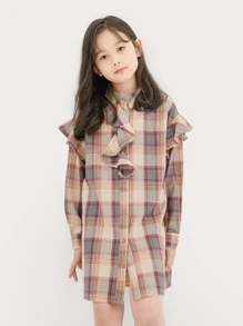 Girls Plaid Ruffle Trim Shirt Dress