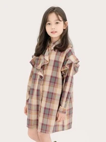 Girls Plaid Ruffle Trim Shirt Dress