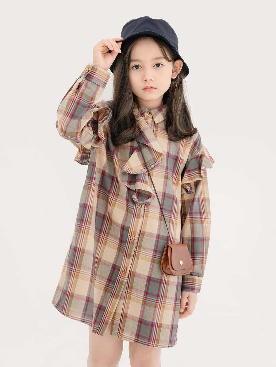 Girls Plaid Ruffle Trim Shirt Dress