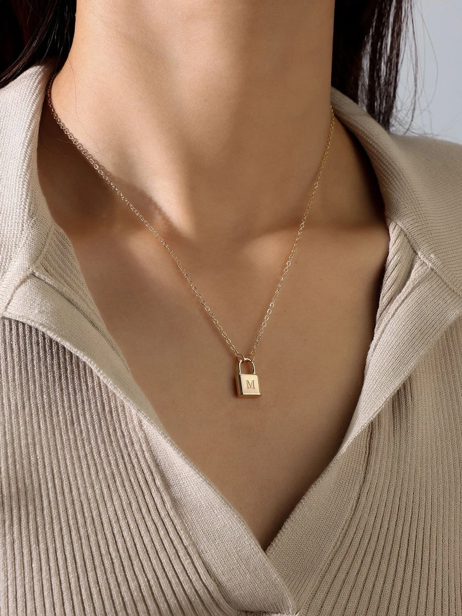 Letter Engraved Lock Charm Necklace - Yellow Gold - View 1