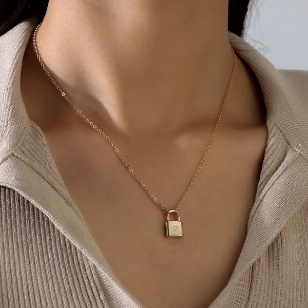 

Letter Engraved Lock Charm Necklace, Gold