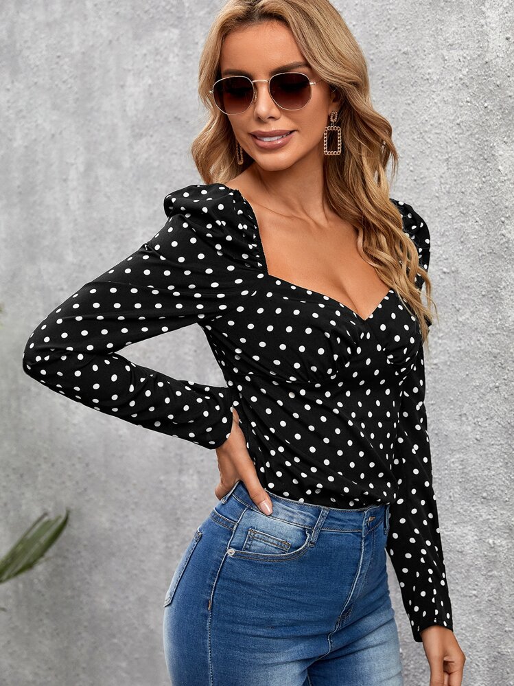 SHEIN Blusa de lunares escote corazón - Negro - Añade 1