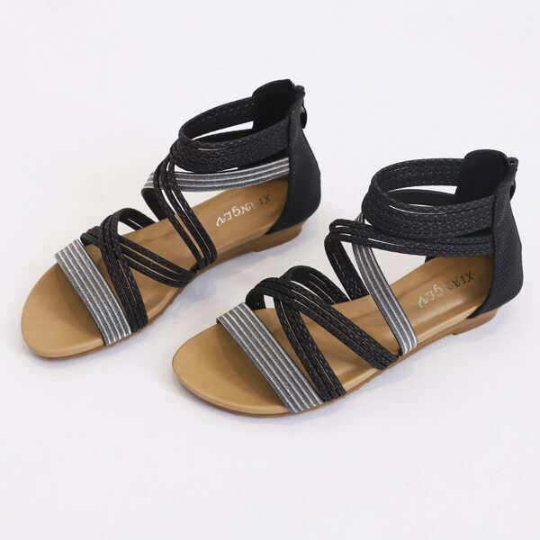 

Side Zip Metallic Detail Flat Sandals, Black