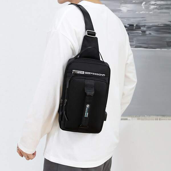 

Men Letter Graphic Sling Bag, Black