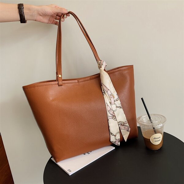 

Twilly Scarf Decor Shoulder Tote Bag, Coffee brown