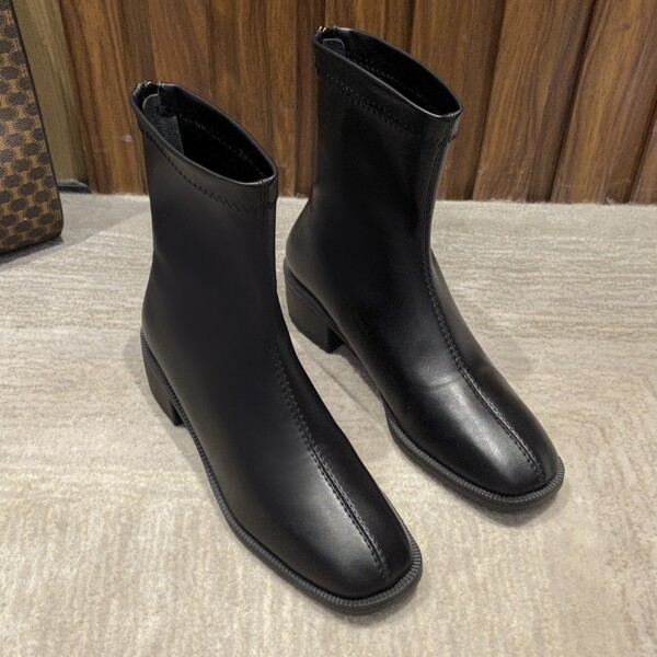 

Minimalist Square Toe Back Zipper Classic Boots, Black